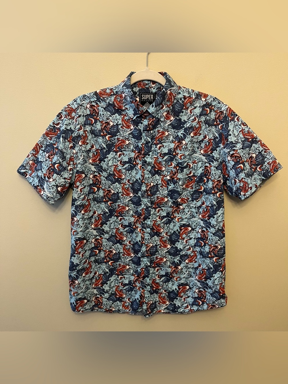Super Massive Koi Fish Wave Print Hawaiian Button Down Shirt Men's Size Small